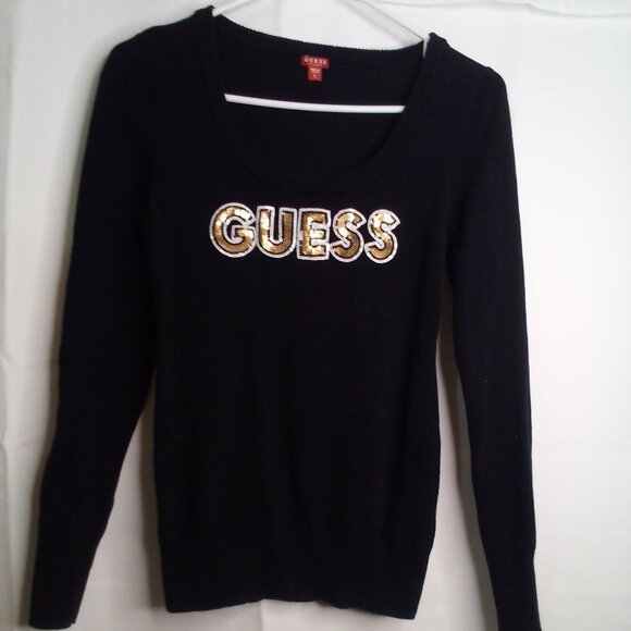 Guess Sweater Women S Pullover Long Sleeve Sequin Spell-Out Black - Picture 1 of 15